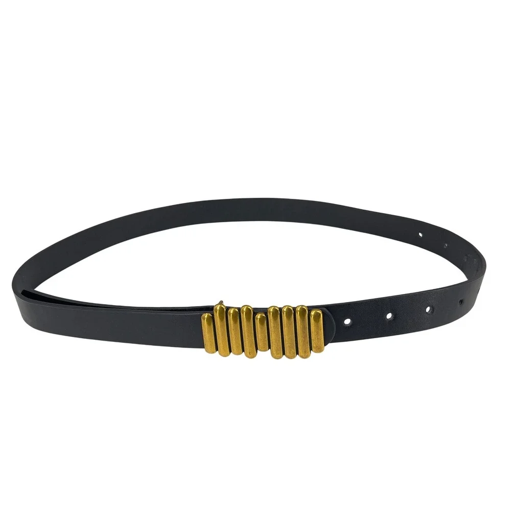 Womens Belt XS S M Black Gold Bar Buckle Statement 80s Brutalist Avant Garde